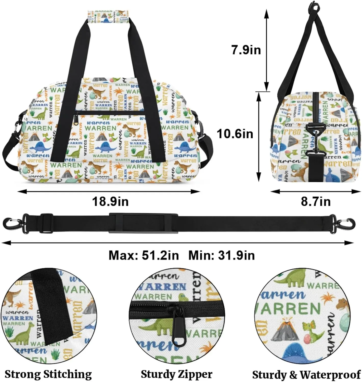 Personalized Name Duffle-Bag for Boys,Custom Animal Sports Gym Bag,Carry-on Lightweight for Travel Outdoor,Track-and-Field Dinosaur Green Blue