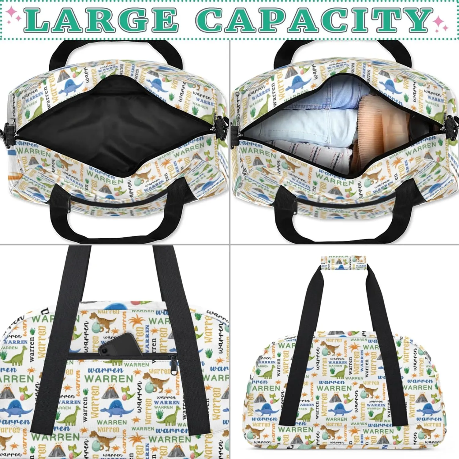 Personalized Name Duffle-Bag for Boys,Custom Animal Sports Gym Bag,Carry-on Lightweight for Travel Outdoor,Track-and-Field Dinosaur Green Blue