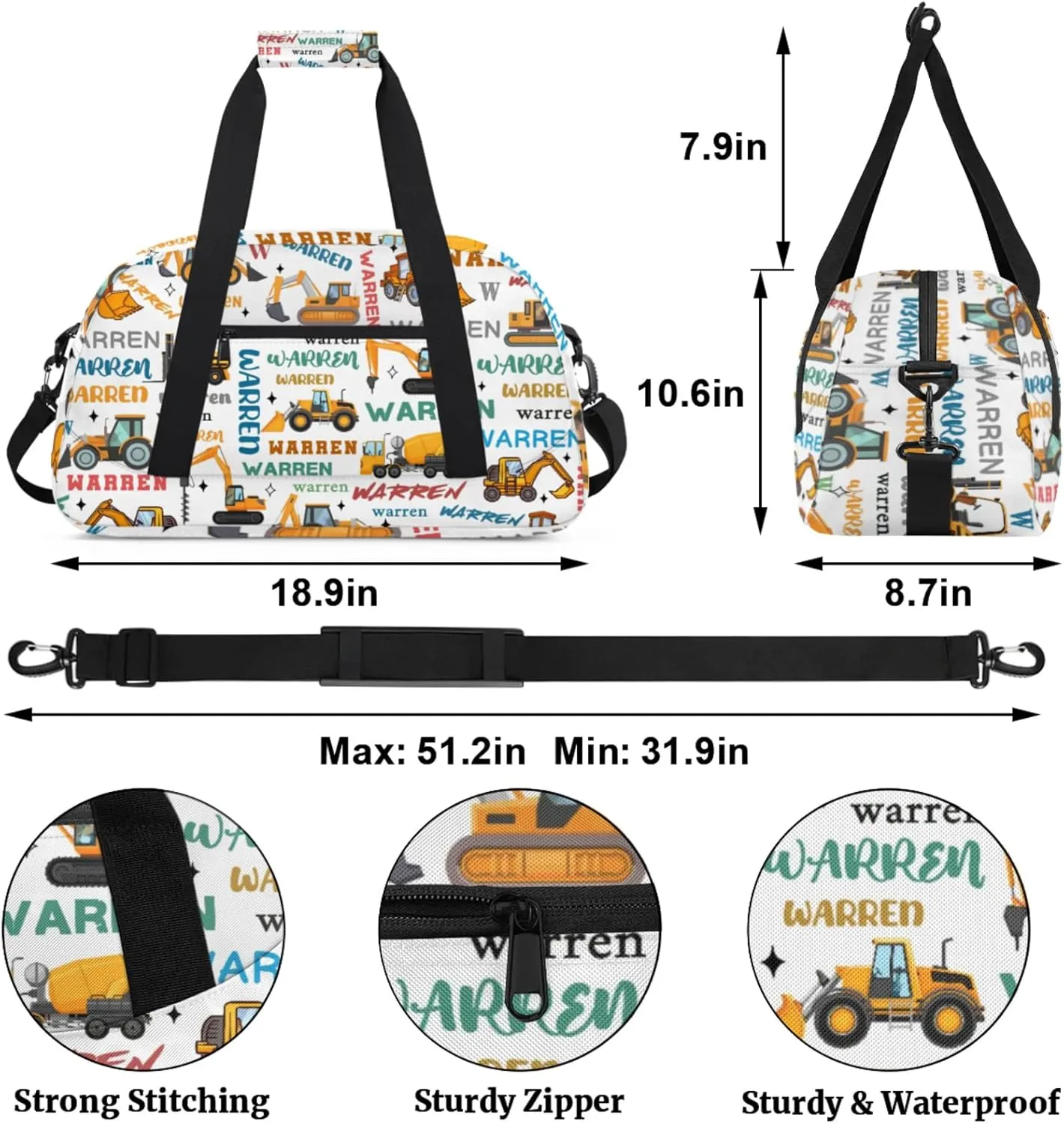 Personalized Name Duffle-Bag for Boys,Custom Playmobile Sport Gym Bag,Carry-on Lightweight for Travel Outdoor,Track-and-Field Excavator
