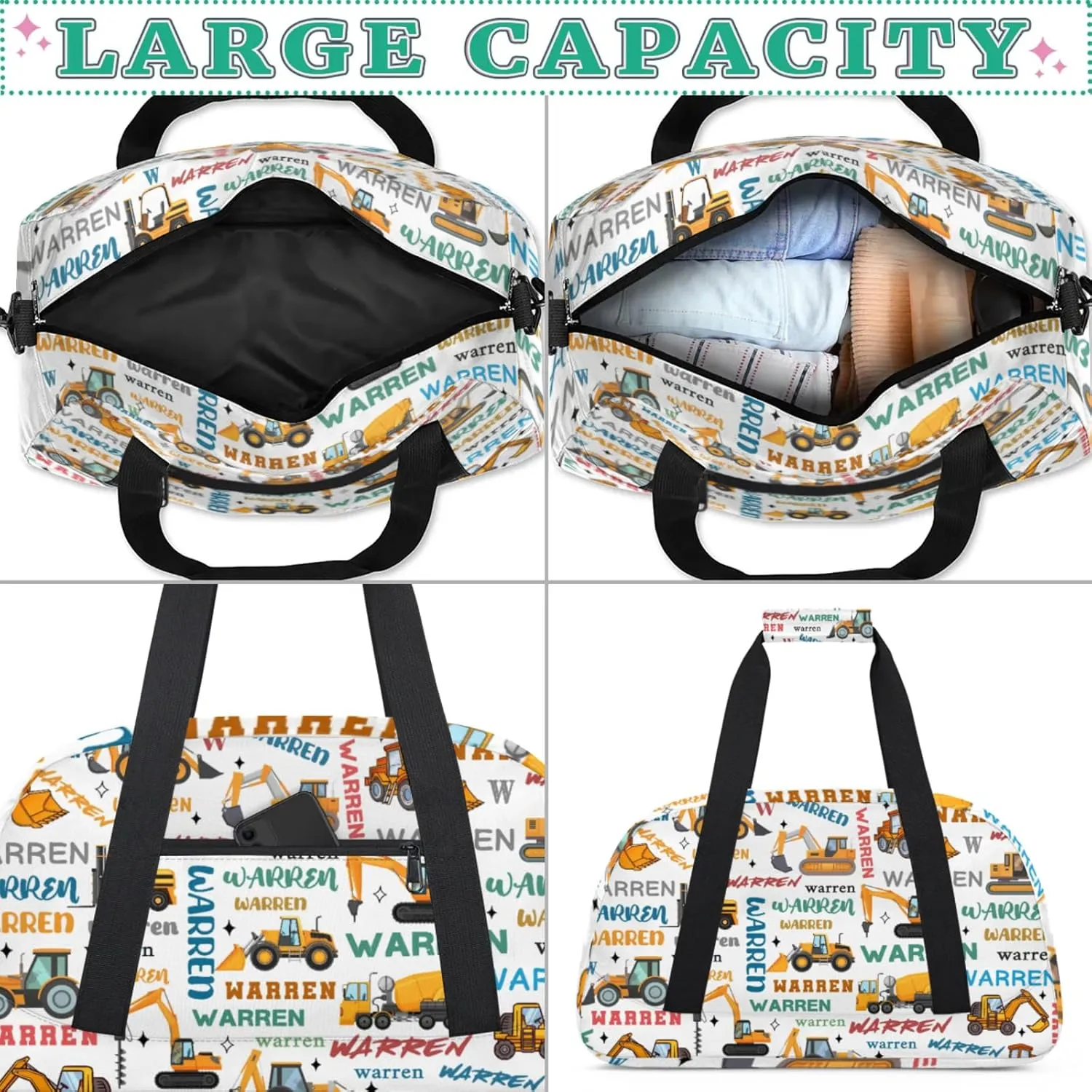 Personalized Name Duffle-Bag for Boys,Custom Playmobile Sport Gym Bag,Carry-on Lightweight for Travel Outdoor,Track-and-Field Excavator