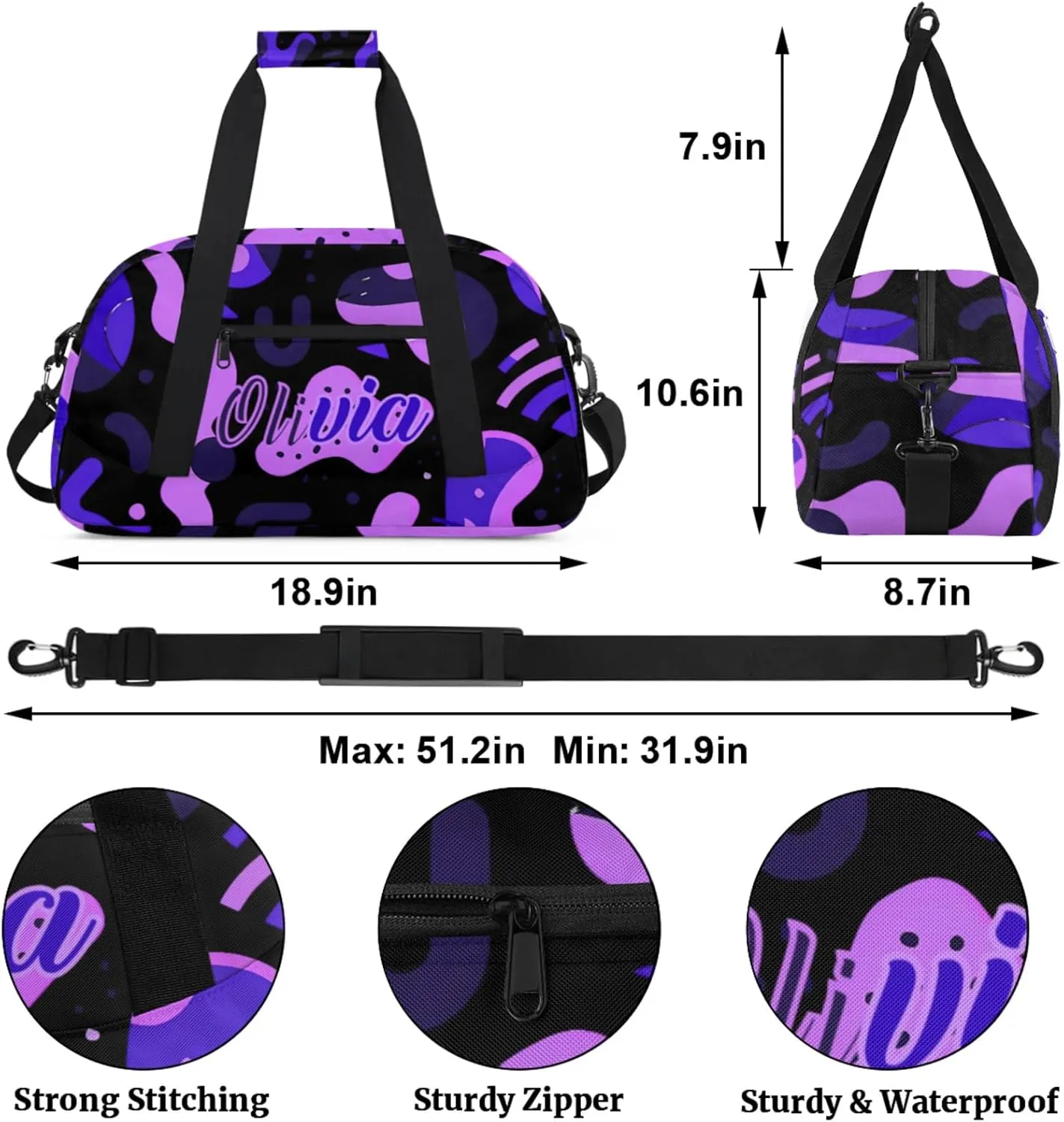 Personalized Name Duffle-Bag for Girls Boys,Custom Sports Gym Bag,Originality Carry-on Lightweight for Travel Outdoor Irregular Flow Purple