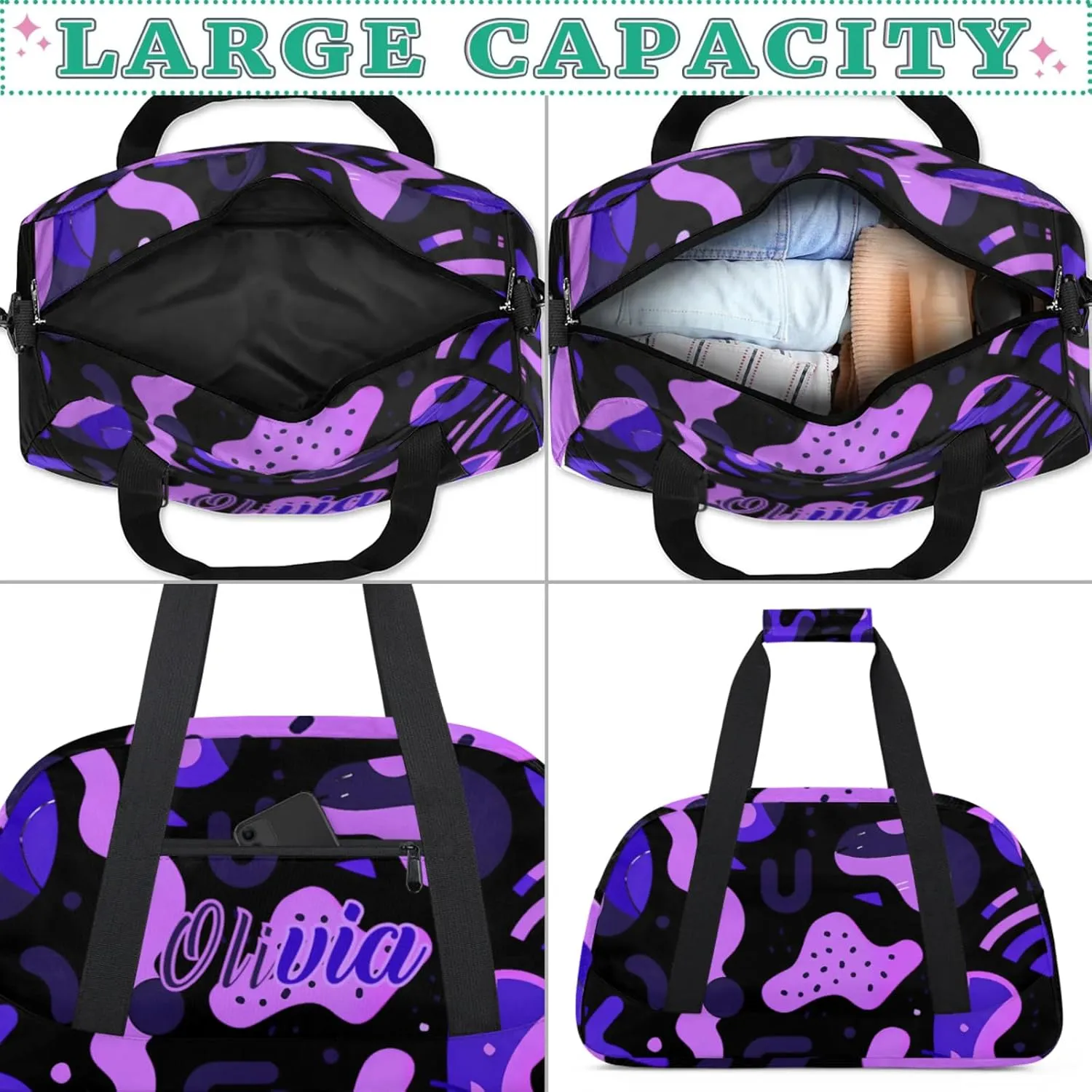 Personalized Name Duffle-Bag for Girls Boys,Custom Sports Gym Bag,Originality Carry-on Lightweight for Travel Outdoor Irregular Flow Purple