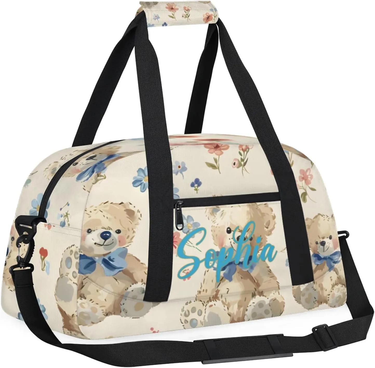 Personalized Name Duffle-Bag for Girls Boys,Custom Sports Gym Baseball Bag,Cute Carry-on Lightweight for Travel Outdoor Blue Bow Bears