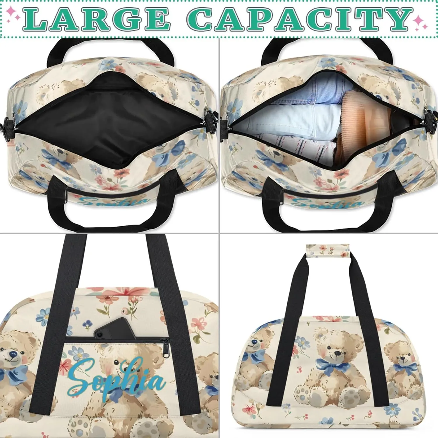 Personalized Name Duffle-Bag for Girls Boys,Custom Sports Gym Baseball Bag,Cute Carry-on Lightweight for Travel Outdoor Blue Bow Bears