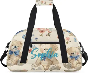 Personalized Name Duffle-Bag for Girls Boys,Custom Sports Gym Baseball Bag,Cute Carry-on Lightweight for Travel Outdoor Blue Bow Bears