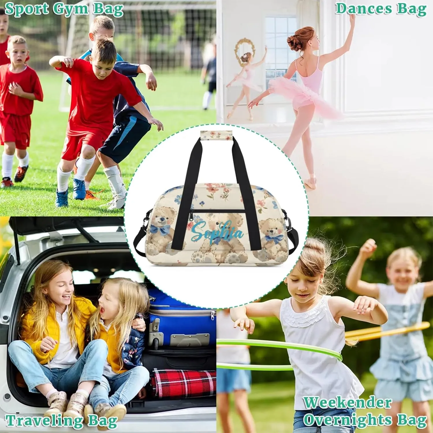 Personalized Name Duffle-Bag for Girls Boys,Custom Sports Gym Baseball Bag,Cute Carry-on Lightweight for Travel Outdoor Blue Bow Bears