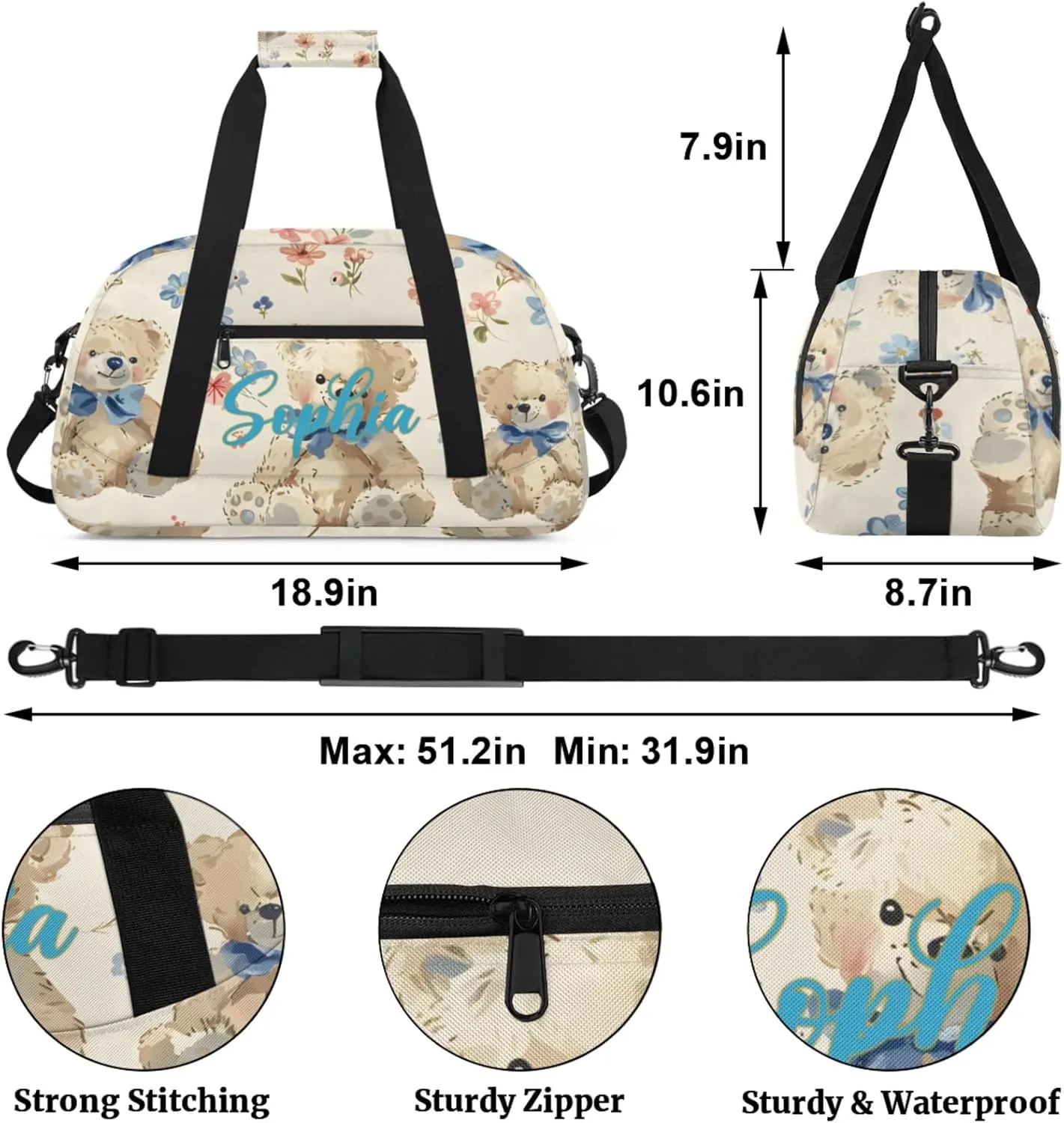 Personalized Name Duffle-Bag for Girls Boys,Custom Sports Gym Baseball Bag,Cute Carry-on Lightweight for Travel Outdoor Blue Bow Bears