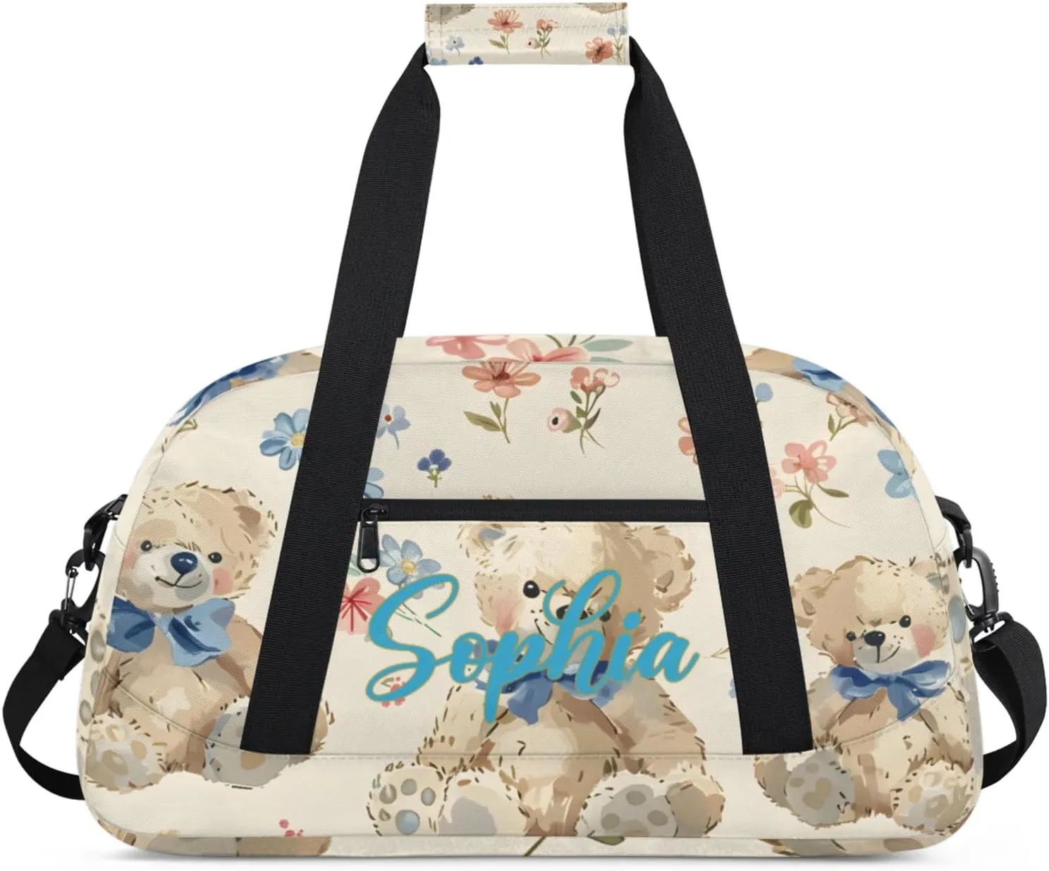 Personalized Name Duffle-Bag for Girls Boys,Custom Sports Gym Baseball Bag,Cute Carry-on Lightweight for Travel Outdoor Blue Bow Bears