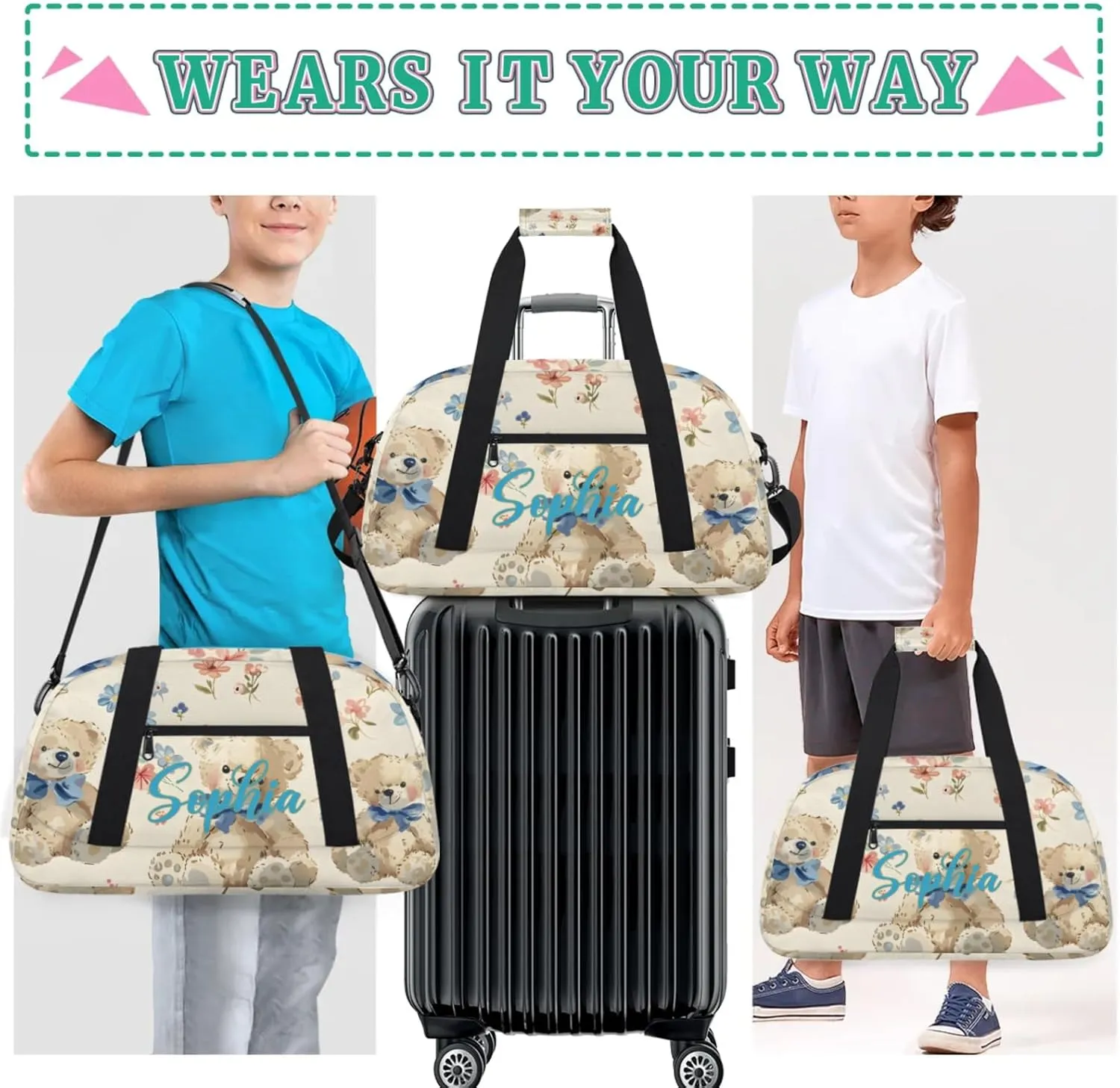 Personalized Name Duffle-Bag for Girls Boys,Custom Sports Gym Baseball Bag,Cute Carry-on Lightweight for Travel Outdoor Blue Bow Bears