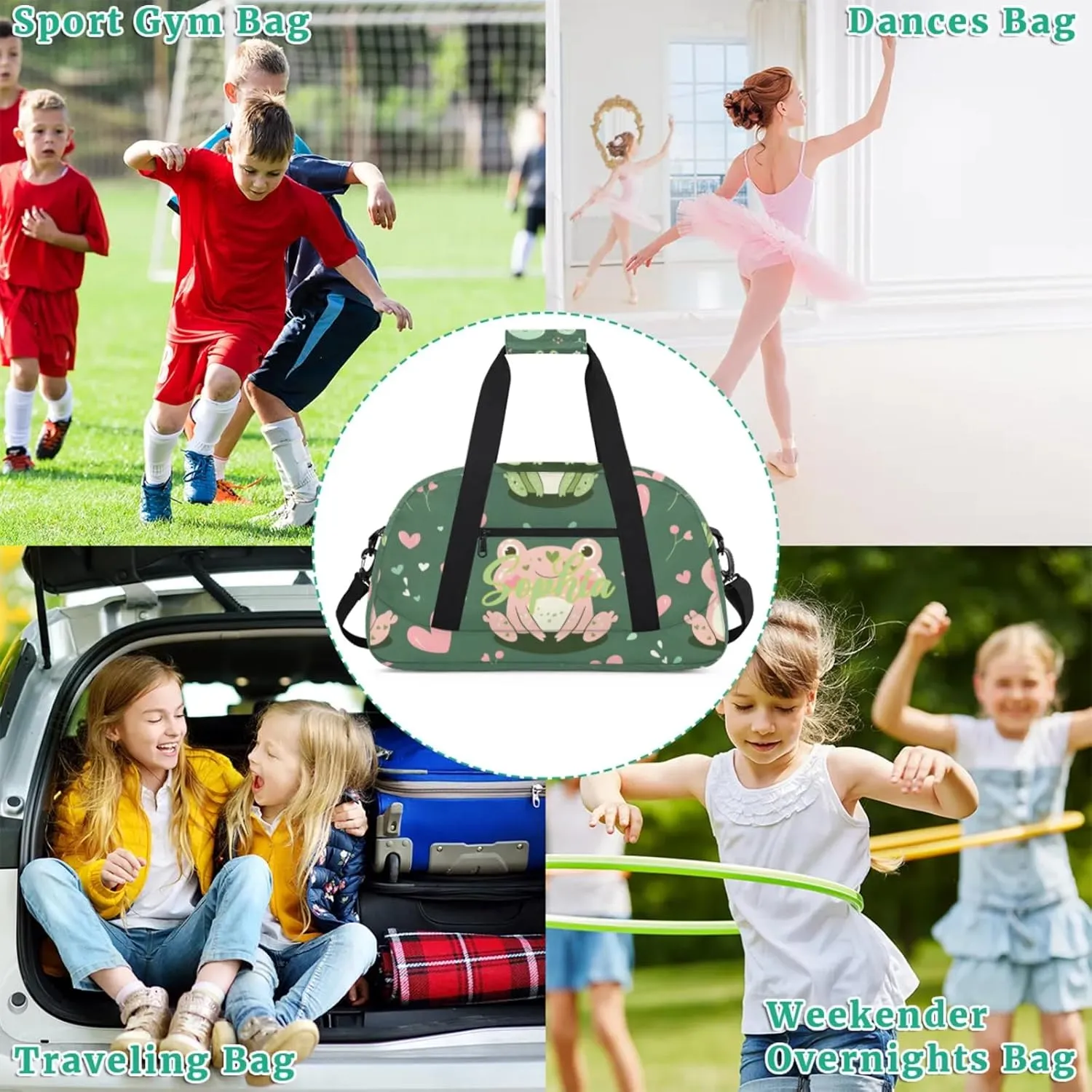 Personalized Name Duffle-Bag for Girls Boys,Custom Sports Gym Baseball Bag,Cute Carry-on Lightweight for Travel Outdoor Pink Green Frogs