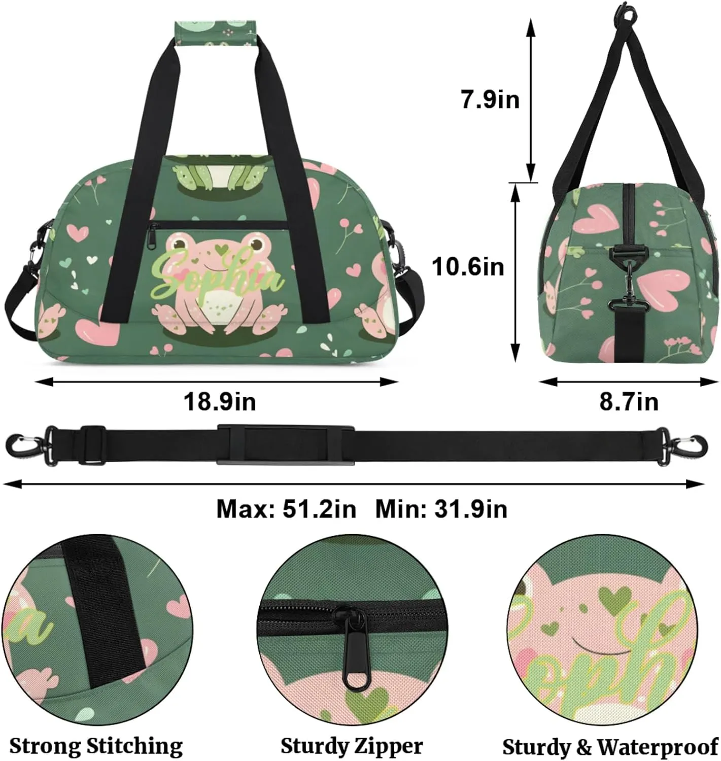 Personalized Name Duffle-Bag for Girls Boys,Custom Sports Gym Baseball Bag,Cute Carry-on Lightweight for Travel Outdoor Pink Green Frogs