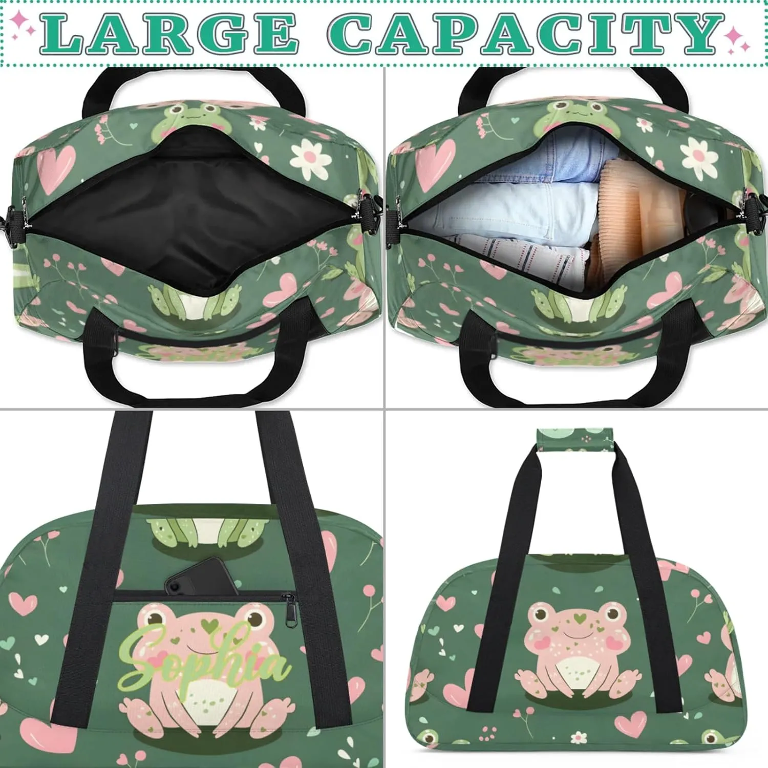Personalized Name Duffle-Bag for Girls Boys,Custom Sports Gym Baseball Bag,Cute Carry-on Lightweight for Travel Outdoor Pink Green Frogs