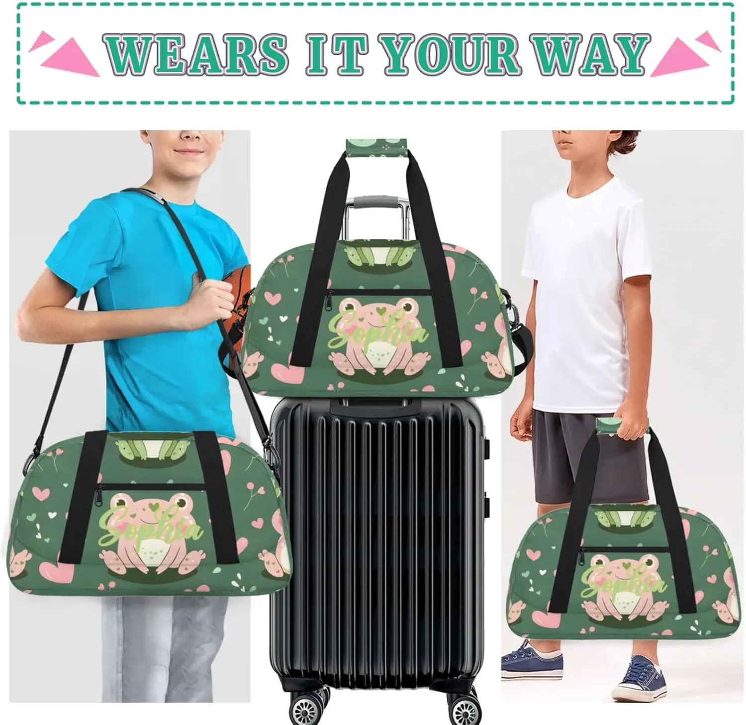 Personalized Name Duffle-Bag for Girls Boys,Custom Sports Gym Baseball Bag,Cute Carry-on Lightweight for Travel Outdoor Pink Green Frogs
