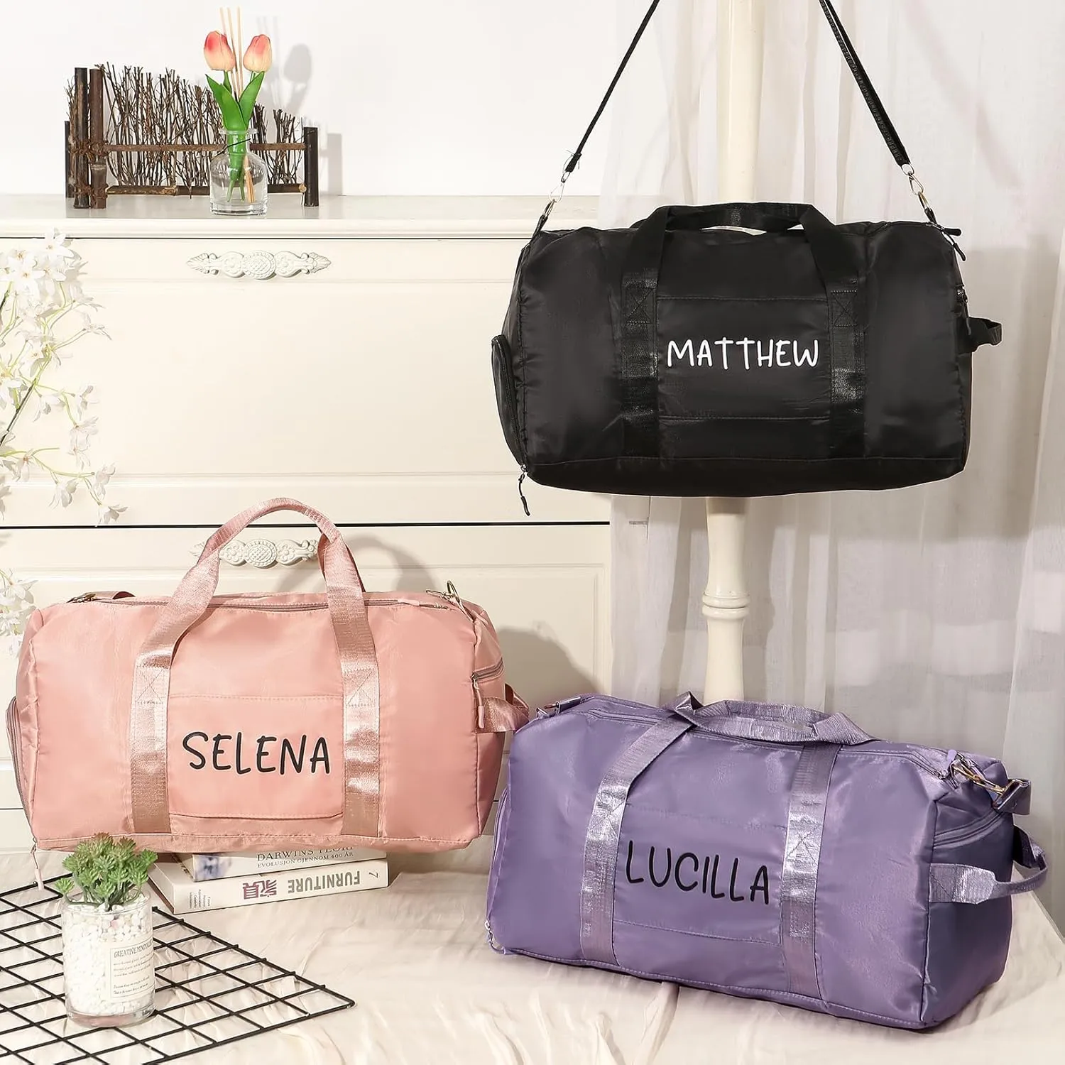 Personalized Name Travel Duffle Bag, Waterproof Weekender Bag Carry On Tote Bags for Women, Travel Essentials Sport Gym Bag for Men (Black)