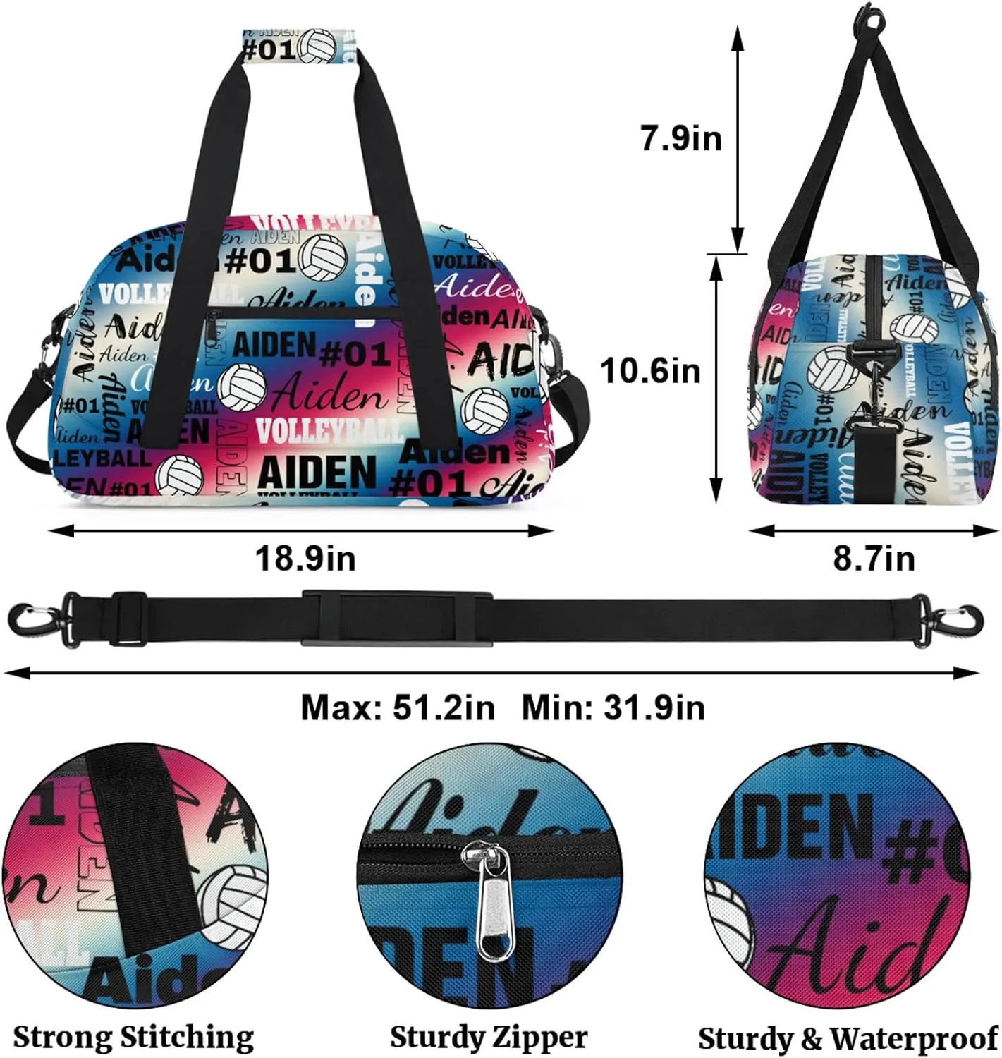 Personalized Name Volleyball Duffle Bags Custom Number Sport Ball Sports Gym Bag Weekender Overnight Training Bag, Gradient Blue Red