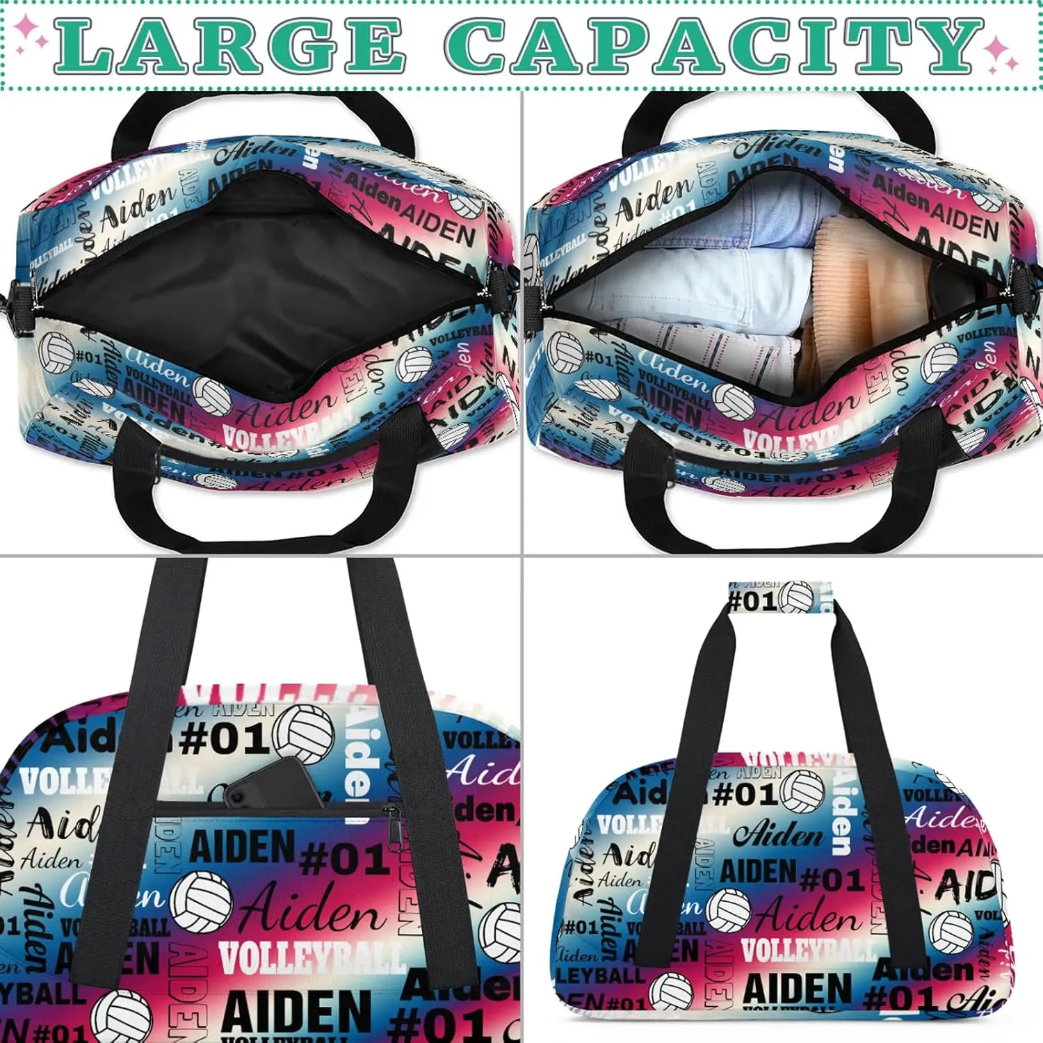 Personalized Name Volleyball Duffle Bags Custom Number Sport Ball Sports Gym Bag Weekender Overnight Training Bag, Gradient Blue Red