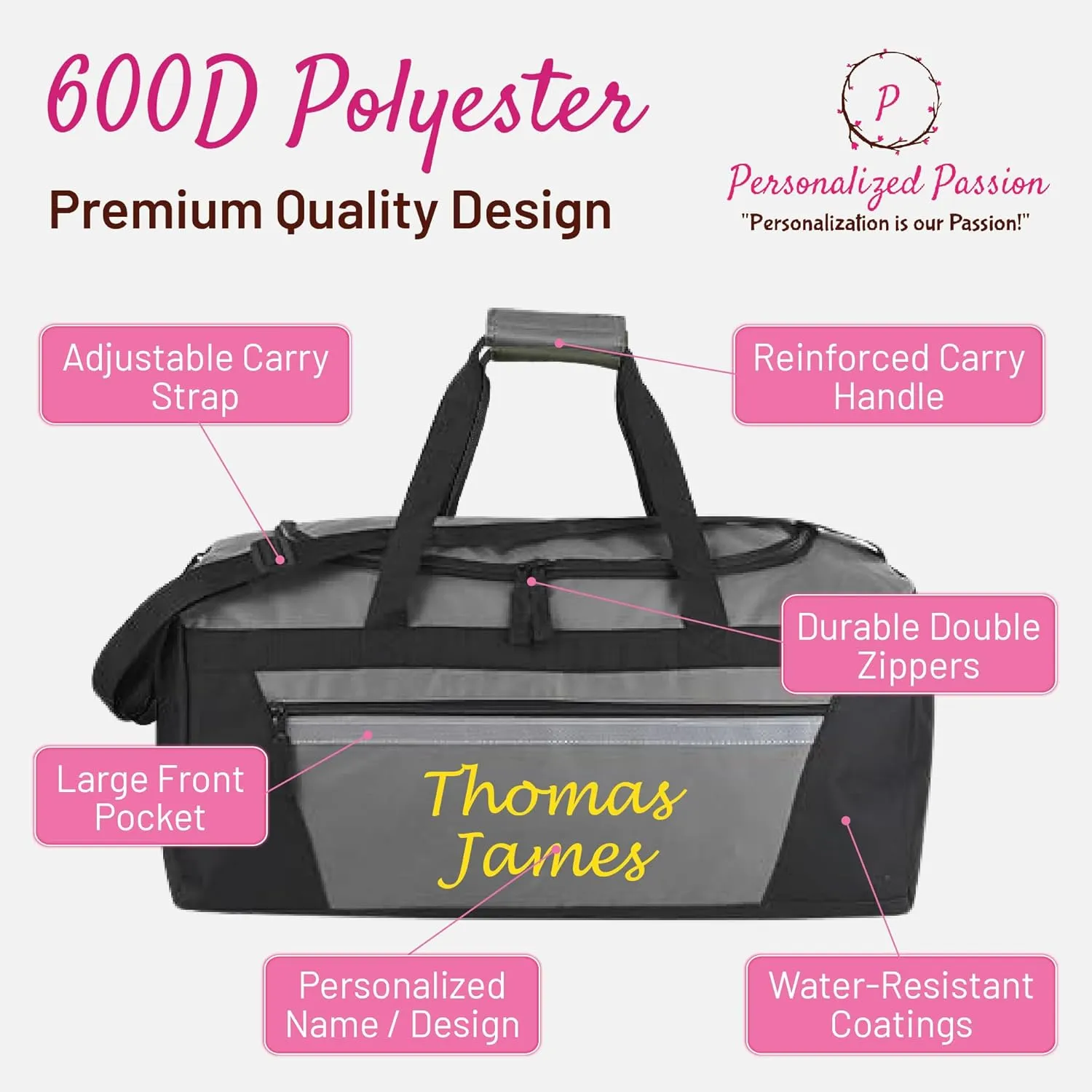 Personalized Passion Duffel Bag for Men and Women - Perfect Sized Water Resistant Travel Duffle - Custom Name Overnight Weekender Bag for Storage - Army Green