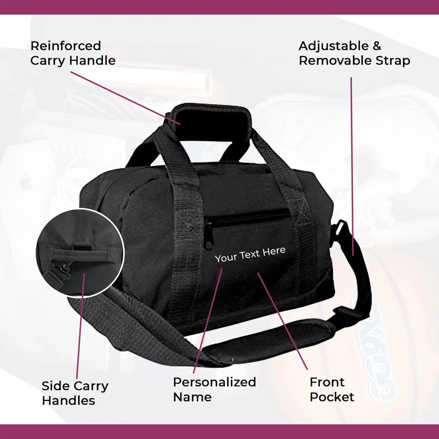 Personalized Passion Small Duffle Bag for Boys and Girls - Perfect Sized 14” Two Toned Travel Duffle - Personalized Name Sports Gym Bag for Storage - Black