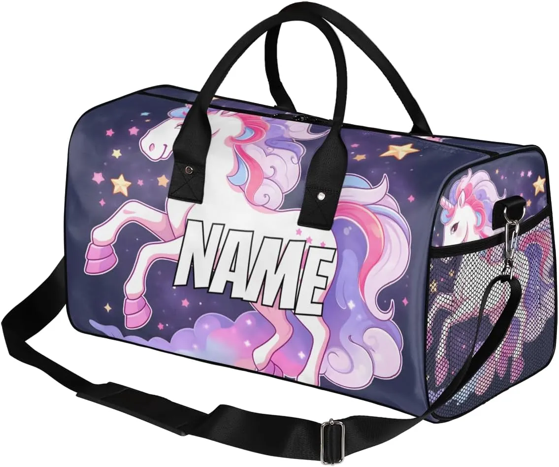 Personalized Purple Unicorn Travel Duffel Bag with Name, Custom Gym Sport Bag Cartoon Animal Carry On Weekend Overnight Duffel Bag for Men Women