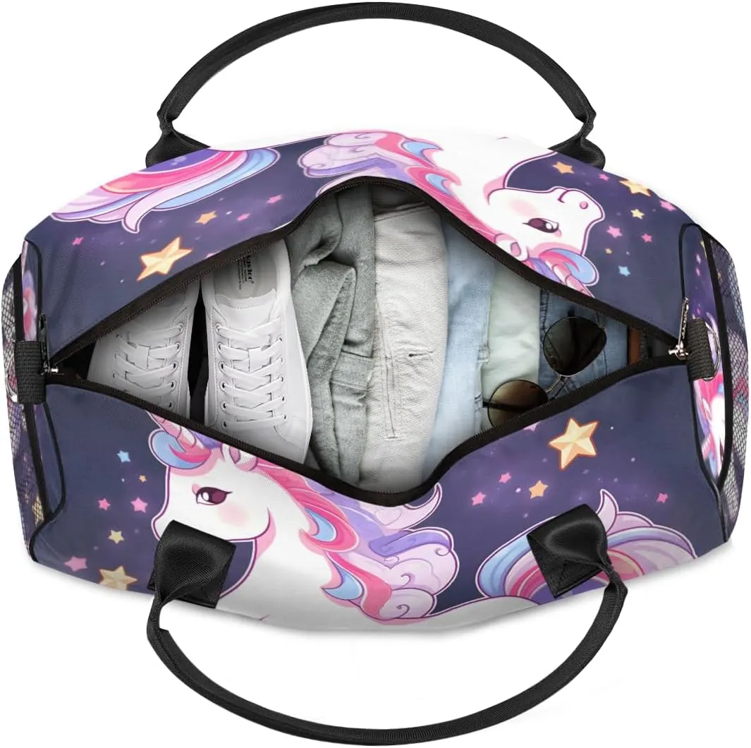 Personalized Purple Unicorn Travel Duffel Bag with Name, Custom Gym Sport Bag Cartoon Animal Carry On Weekend Overnight Duffel Bag for Men Women