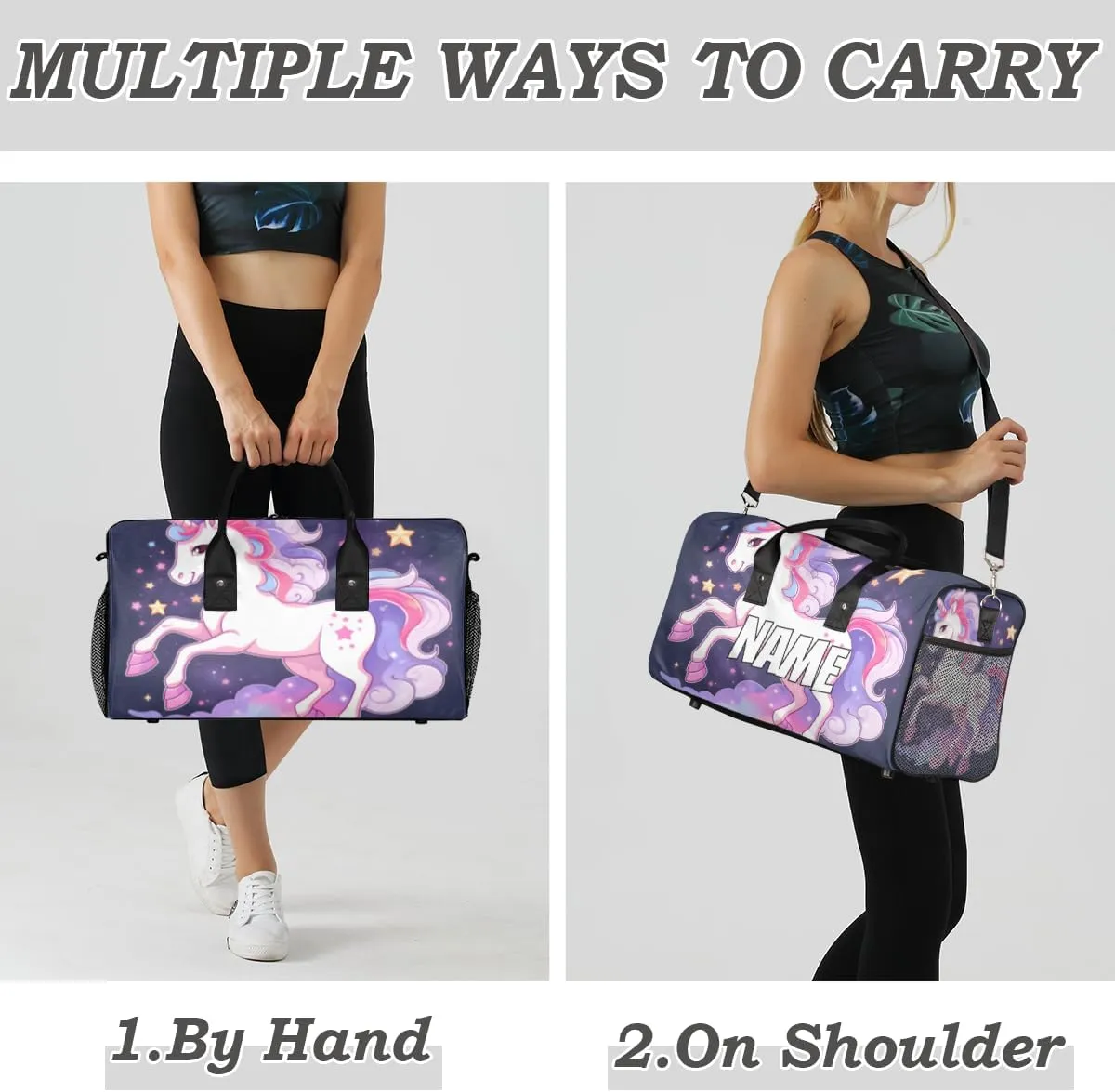 Personalized Purple Unicorn Travel Duffel Bag with Name, Custom Gym Sport Bag Cartoon Animal Carry On Weekend Overnight Duffel Bag for Men Women