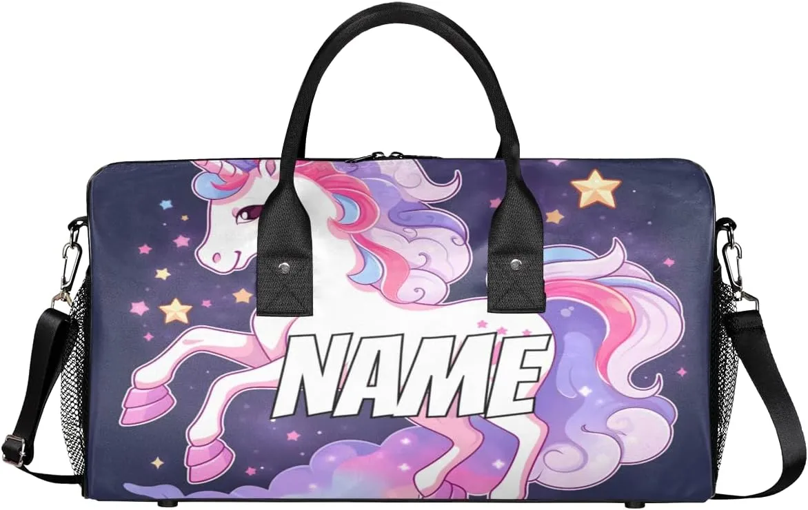 Personalized Purple Unicorn Travel Duffel Bag with Name, Custom Gym Sport Bag Cartoon Animal Carry On Weekend Overnight Duffel Bag for Men Women