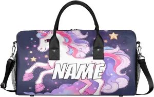 Personalized Purple Unicorn Travel Duffel Bag with Name, Custom Gym Sport Bag Cartoon Animal Carry On Weekend Overnight Duffel Bag for Men Women