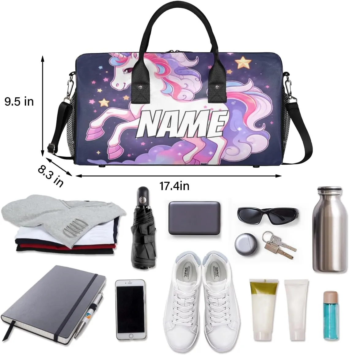 Personalized Purple Unicorn Travel Duffel Bag with Name, Custom Gym Sport Bag Cartoon Animal Carry On Weekend Overnight Duffel Bag for Men Women