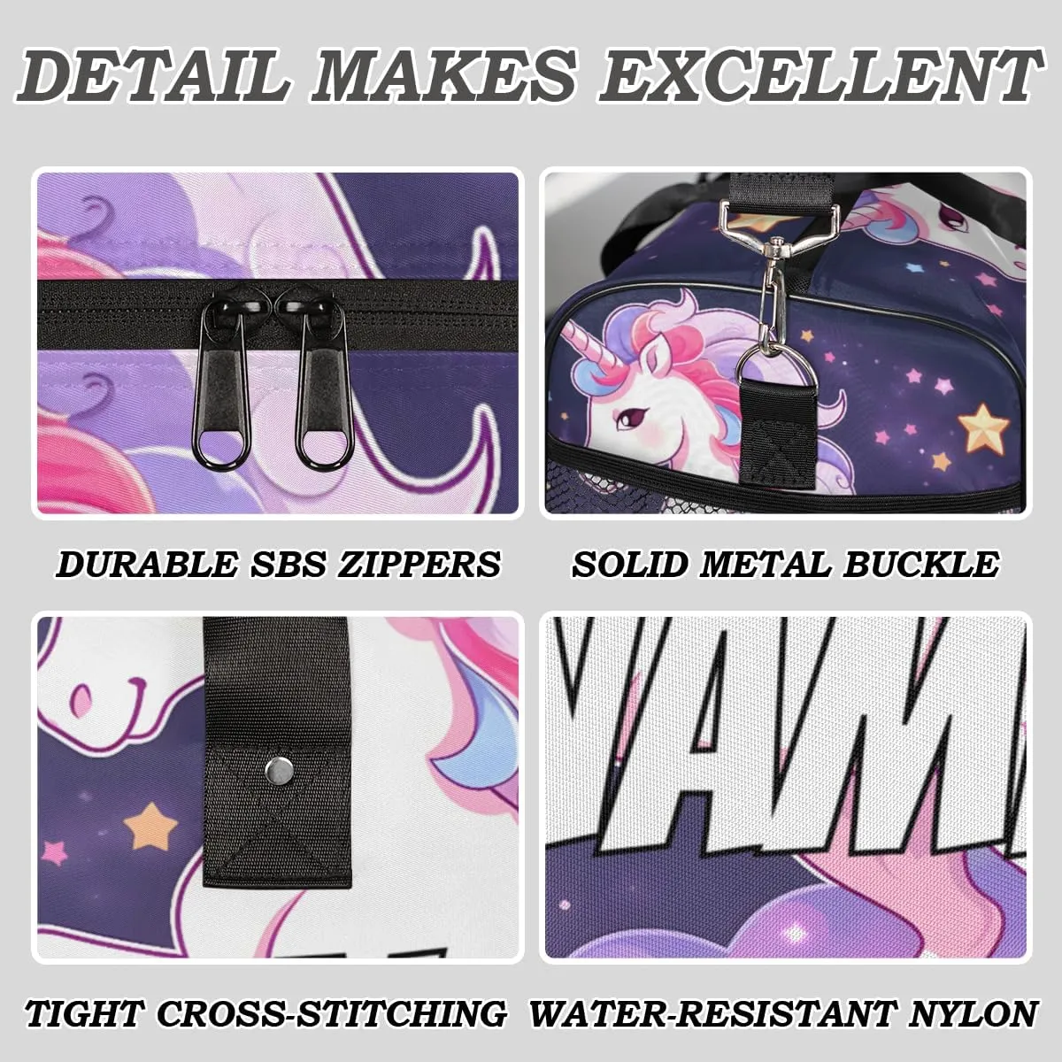 Personalized Purple Unicorn Travel Duffel Bag with Name, Custom Gym Sport Bag Cartoon Animal Carry On Weekend Overnight Duffel Bag for Men Women
