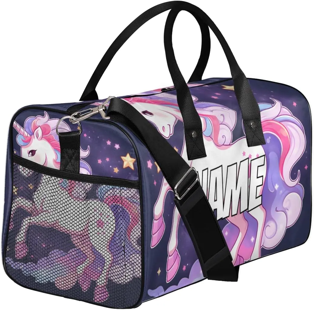 Personalized Purple Unicorn Travel Duffel Bag with Name, Custom Gym Sport Bag Cartoon Animal Carry On Weekend Overnight Duffel Bag for Men Women