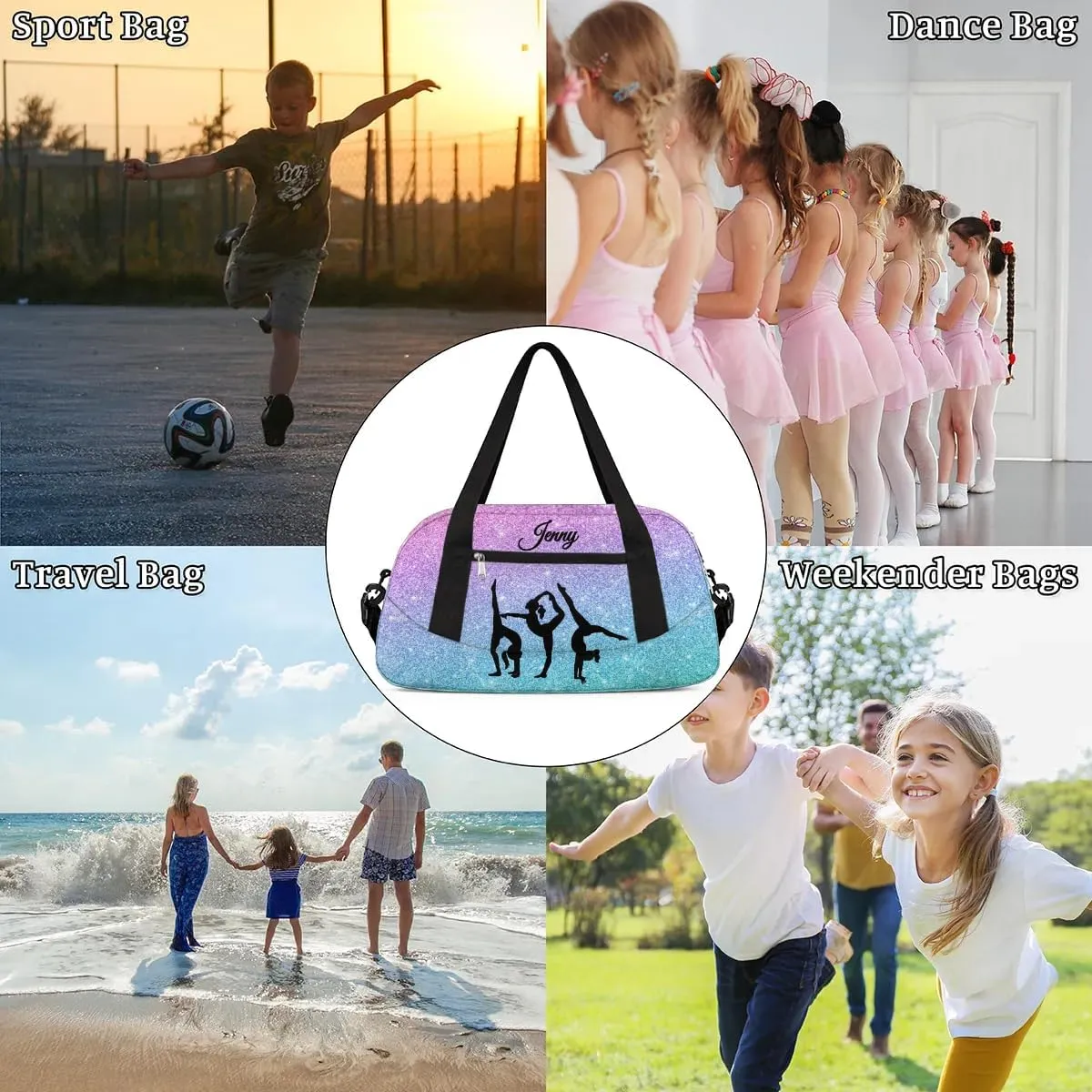 Personalized Sport Dance Bag for Girls, Customized Kids Gymnastics Overnighter Duffle Bag for Gym,Travel Carry on Weekender Bags with Name Text Logo Team Gifts,Glitter