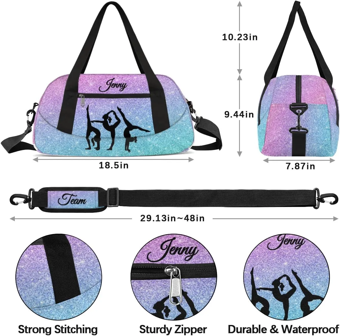 Personalized Sport Dance Bag for Girls, Customized Kids Gymnastics Overnighter Duffle Bag for Gym,Travel Carry on Weekender Bags with Name Text Logo Team Gifts,Glitter