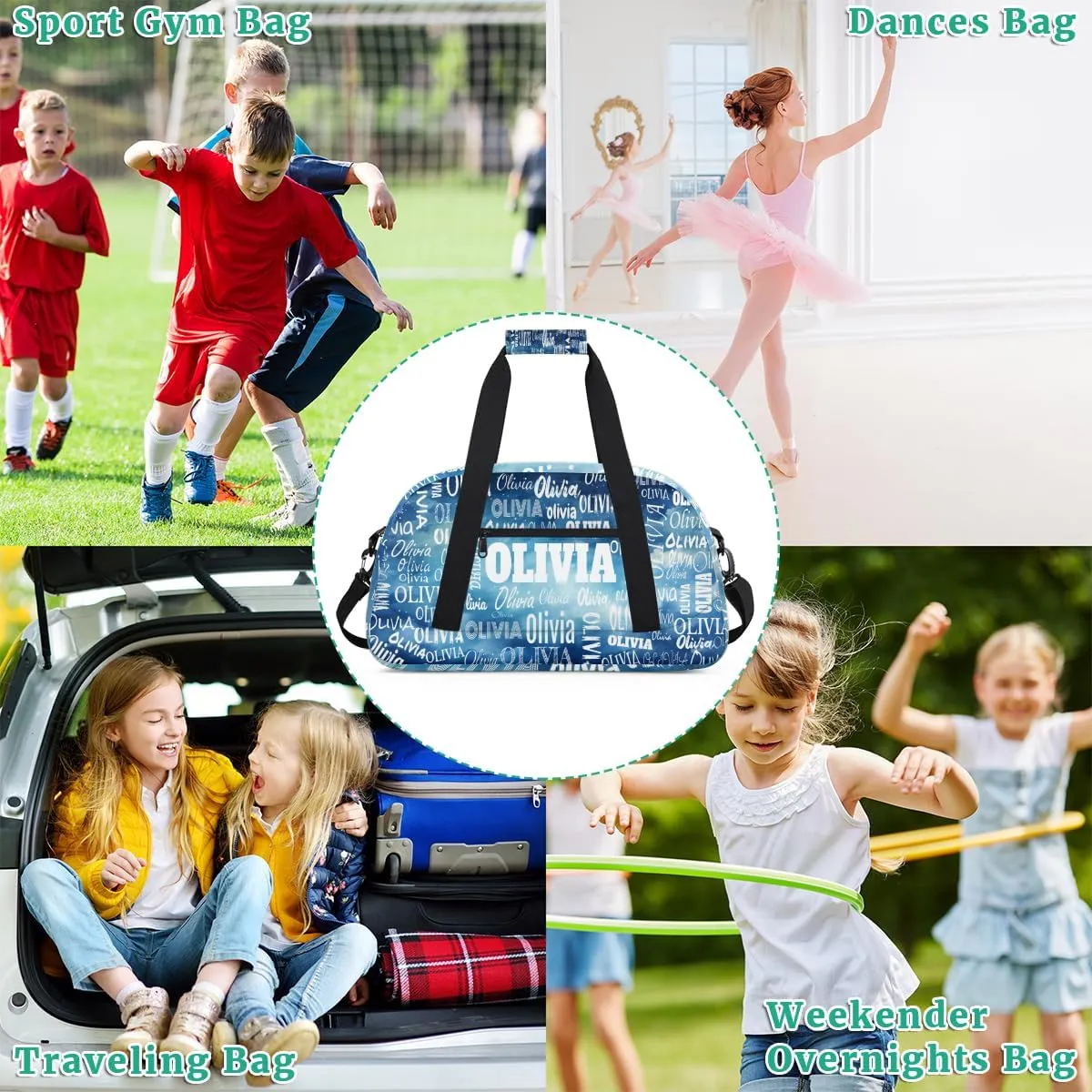 Personalized Sport Dance Gym Bag, Custom Duffle Bag Gym Bag Customized Travel Duffel with Name Text Logo Watercolor Blue