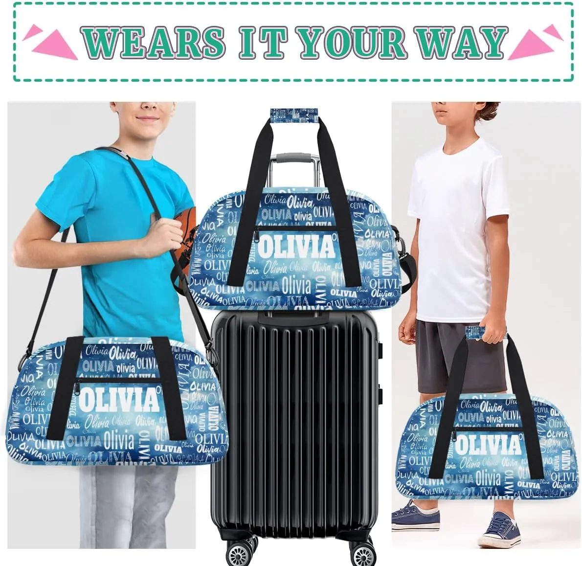 Personalized Sport Dance Gym Bag, Custom Duffle Bag Gym Bag Customized Travel Duffel with Name Text Logo Watercolor Blue