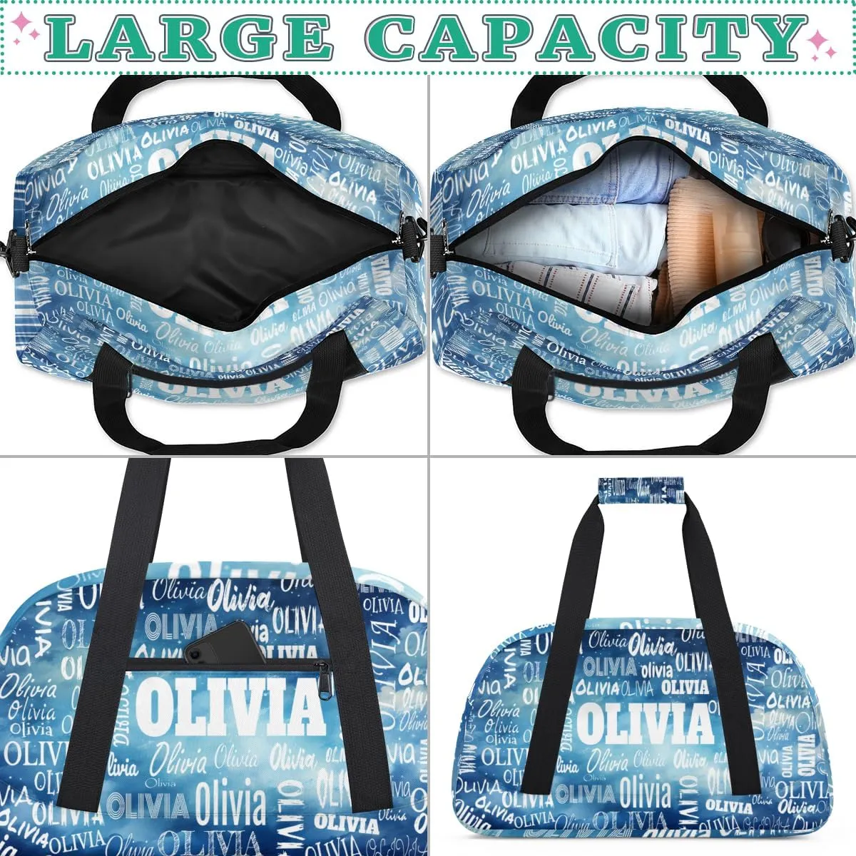 Personalized Sport Dance Gym Bag, Custom Duffle Bag Gym Bag Customized Travel Duffel with Name Text Logo Watercolor Blue