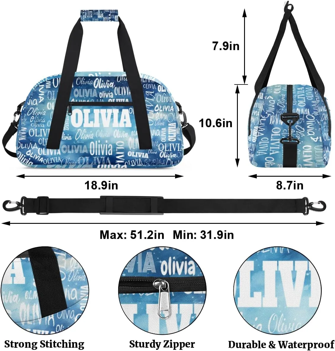 Personalized Sport Dance Gym Bag, Custom Duffle Bag Gym Bag Customized Travel Duffel with Name Text Logo Watercolor Blue