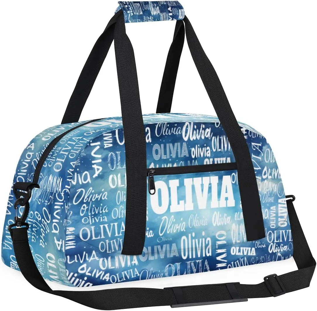 Personalized Sport Dance Gym Bag, Custom Duffle Bag Gym Bag Customized Travel Duffel with Name Text Logo Watercolor Blue