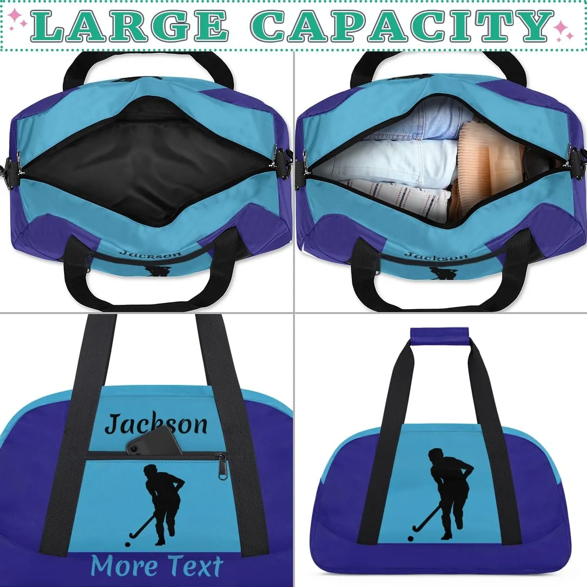 Personalized Sport Duffle Bag for Boys, Custom Kids Gym Bag with Name, Fit School Practice, or Overnight Weekender Travel Dark Blue Hockey