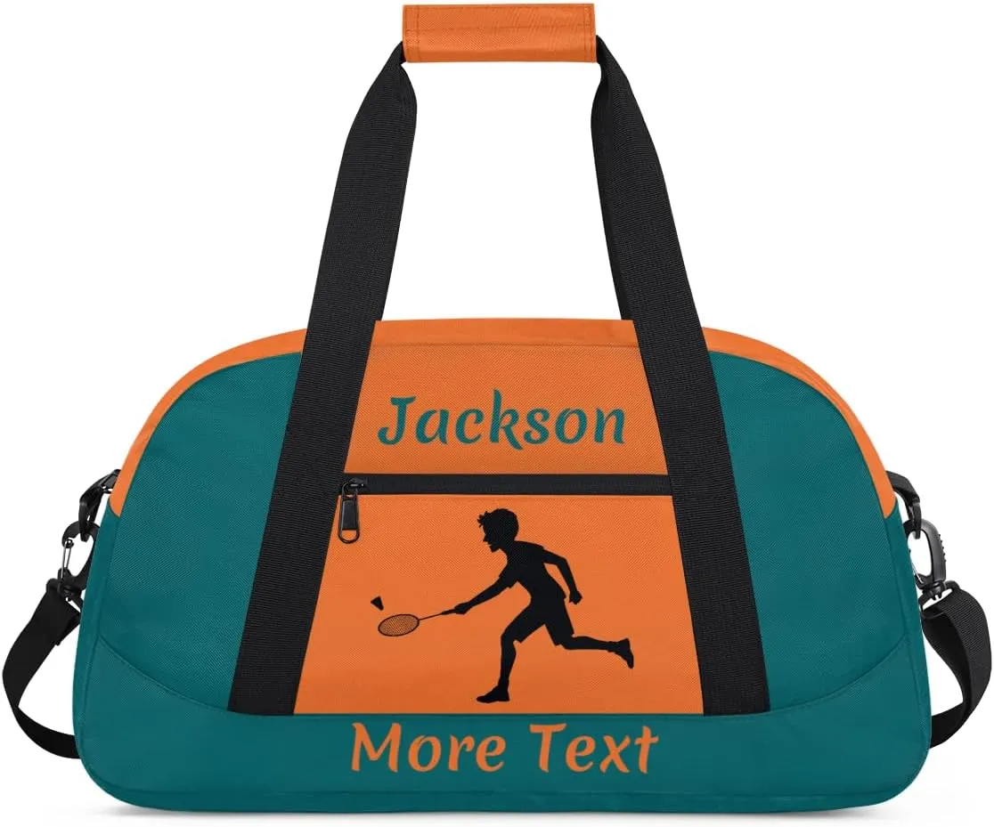 Personalized Sport Duffle Bag for Boys, Custom Kids Gym Bag with Name, Fit School Practice, or Overnight Weekender Travel Orange Badminton