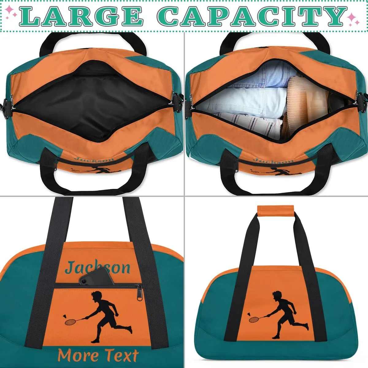 Personalized Sport Duffle Bag for Boys, Custom Kids Gym Bag with Name, Fit School Practice, or Overnight Weekender Travel Orange Badminton