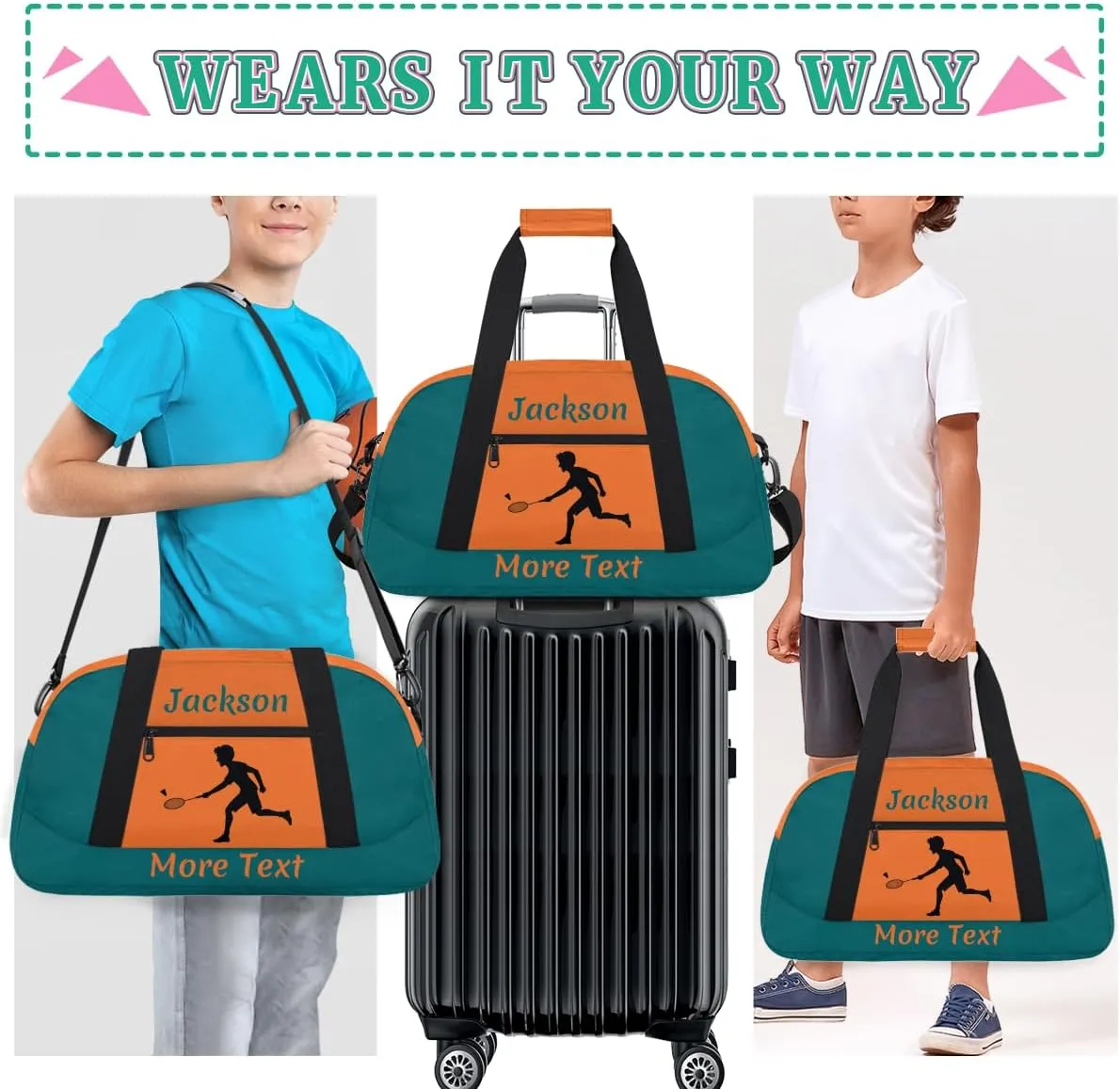 Personalized Sport Duffle Bag for Boys, Custom Kids Gym Bag with Name, Fit School Practice, or Overnight Weekender Travel Orange Badminton
