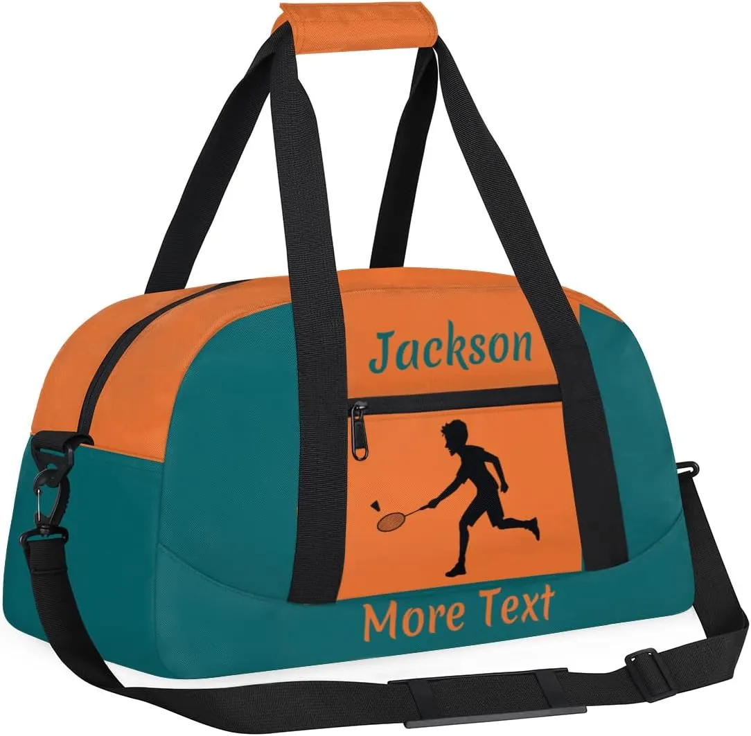 Personalized Sport Duffle Bag for Boys, Custom Kids Gym Bag with Name, Fit School Practice, or Overnight Weekender Travel Orange Badminton