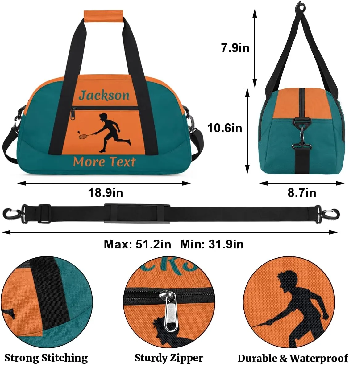 Personalized Sport Duffle Bag for Boys, Custom Kids Gym Bag with Name, Fit School Practice, or Overnight Weekender Travel Orange Badminton