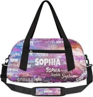 Personalized Sports Bag Dance Bag, Custom Name Sport Fitness Duffel Gym Bag Travel Weekender Lightweight Swim Outdoor Bags, Space Dark Purple Universe Galaxy