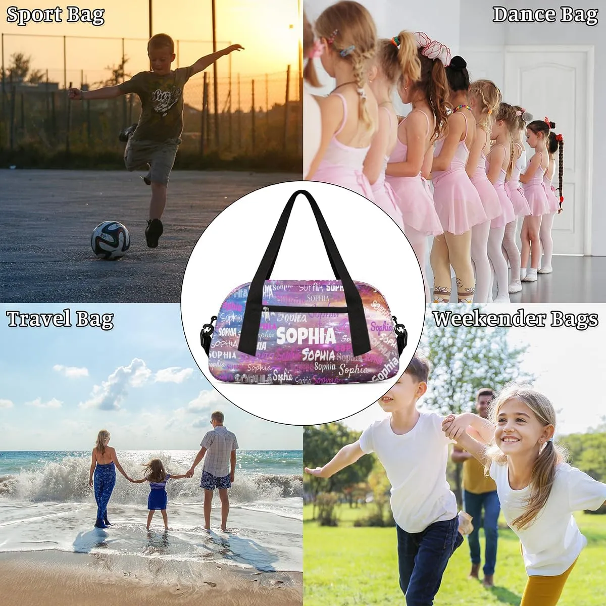 Personalized Sports Bag Dance Bag, Custom Name Sport Fitness Duffel Gym Bag Travel Weekender Lightweight Swim Outdoor Bags, Space Dark Purple Universe Galaxy