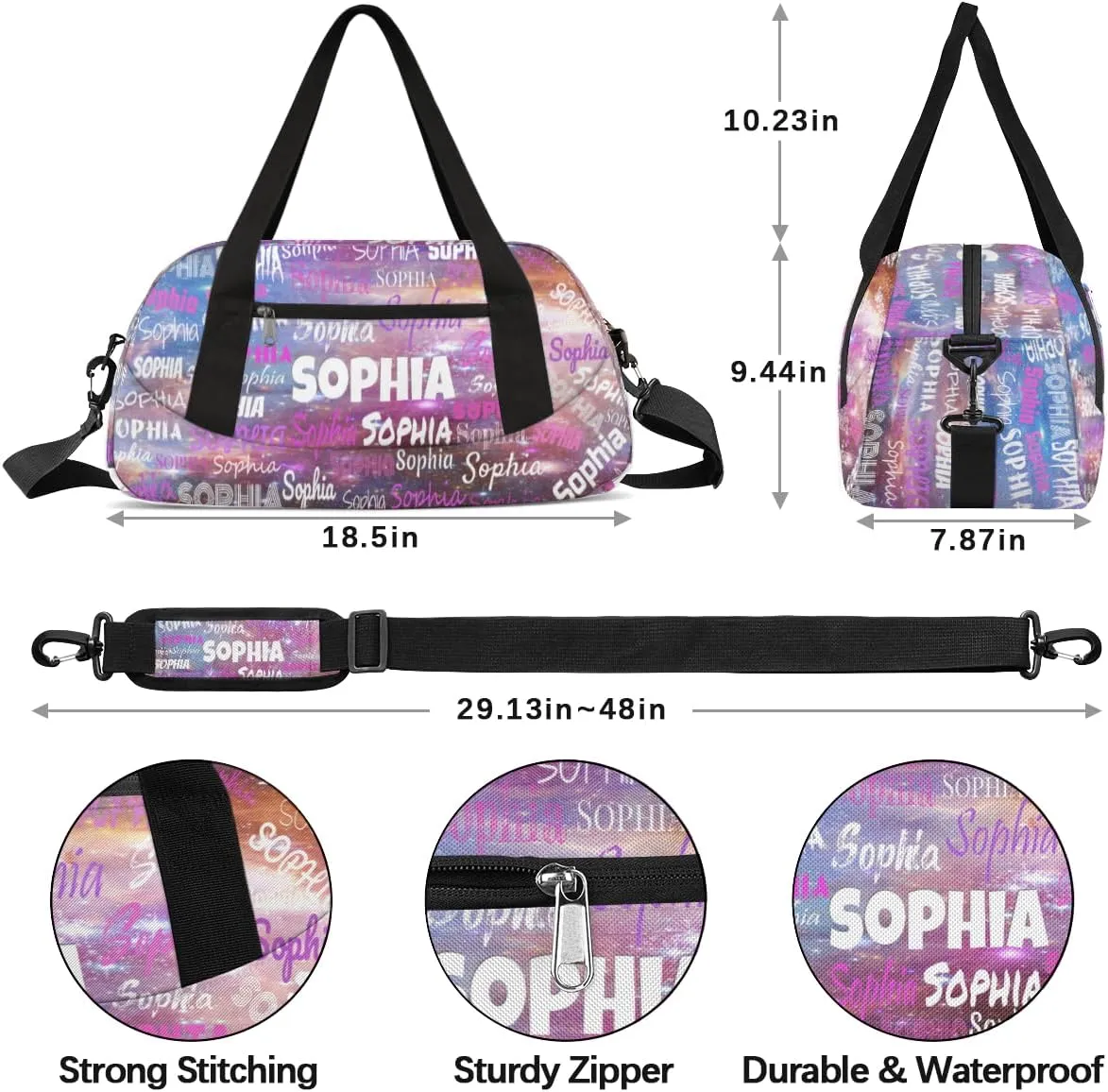 Personalized Sports Bag Dance Bag, Custom Name Sport Fitness Duffel Gym Bag Travel Weekender Lightweight Swim Outdoor Bags, Space Dark Purple Universe Galaxy