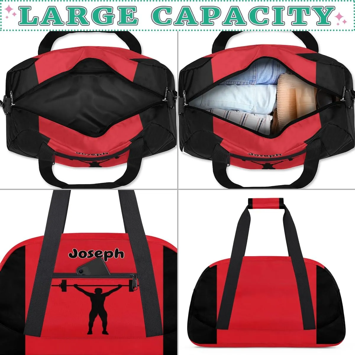 Personalized Sports Duffel Bag with Name, Men Sport Duffel Gym Training Bag Weekender Bags Athlete Bag Travel Workout Duffel Bag, Weightlifting Silhouette