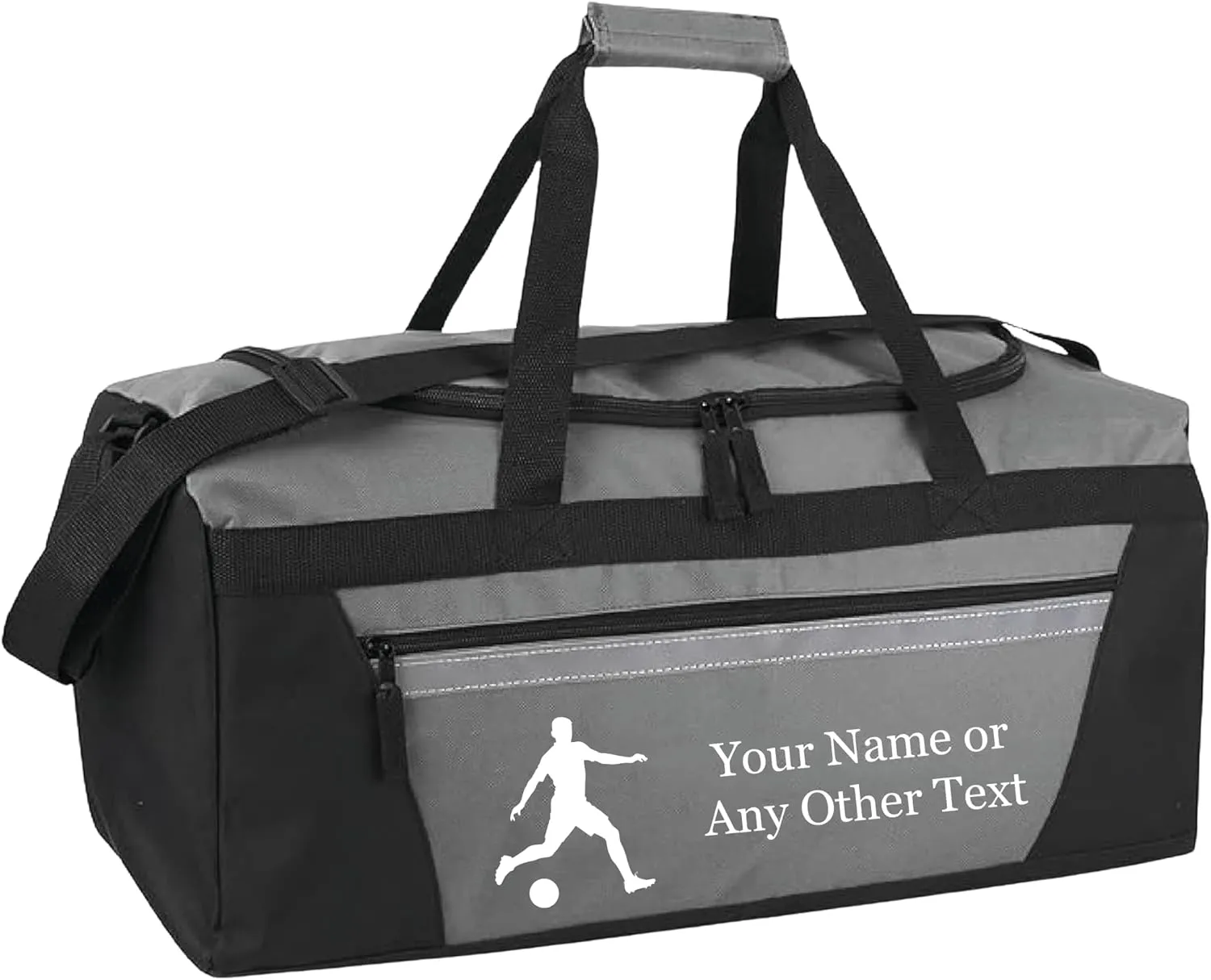Personalized Sports Duffel Bags for Men and Women - 22” Customized Travel Duffle with Name & Soccer Design - Water Resistant Two-Toned Overnight Weekender Bag - Gray