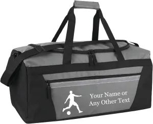 Personalized Sports Duffel Bags for Men and Women - 22” Customized Travel Duffle with Name & Soccer Design - Water Resistant Two-Toned Overnight Weekender Bag - Gray