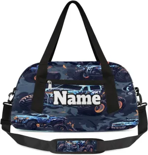 Personalized Sports Gym Bag with Name, Waterproof Customized Kids Duffel Bags Gymnastic Weekender Overnight Bag, Cars Monster Trucks
